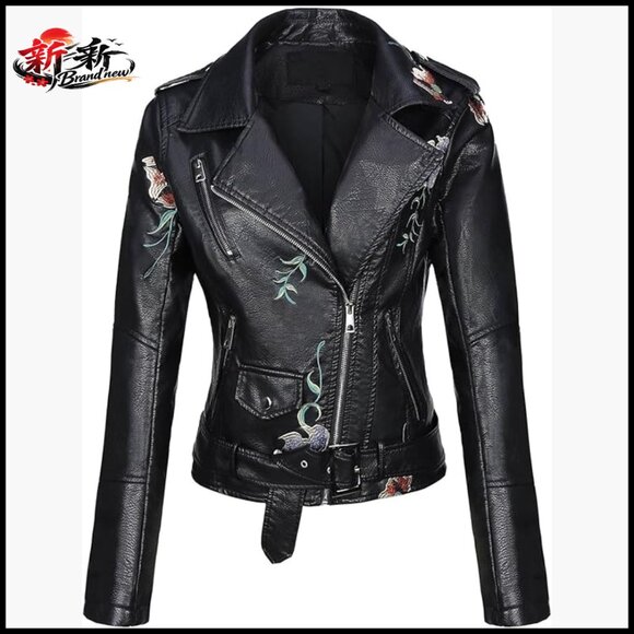 Faux Leather Jacket with Studded Rivet Floral Moto Biker Style